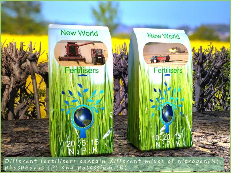 Bags of NPK fertiliser with different amounts of N:P:K present in each fertiliser bag.